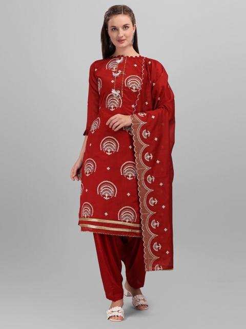

mf Maroon & Off White Embroidered Unstitched Dress Material With Embroidered Dupatta