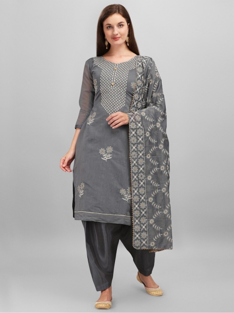 

mf Grey & Silver-Toned Embroidered Unstitched Dress Material With Embroidered Dupatta