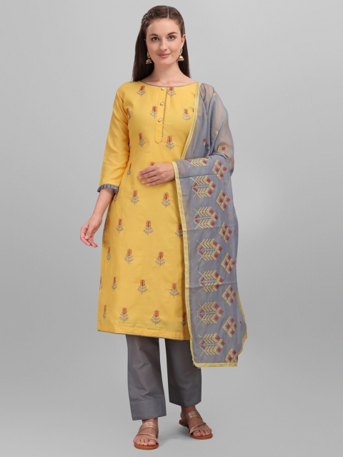 

mf Yellow & Grey Embroidered Pure Cotton Unstitched Dress Material With Dupatta