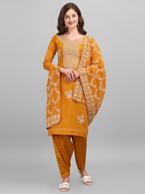 

mf Mustard & Gold-Toned Embroidered Unstitched Dress Material With Embroidered Dupatta