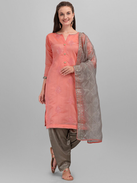 

mf Pink & Grey Embroidered Semi-Stitched Dress Material With Embroidered dupatta