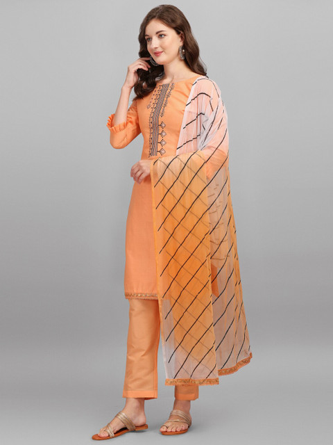 

mf Orange & Brown Embroidered Pure Cotton Unstitched Dress Material With Leheriya Dupatta