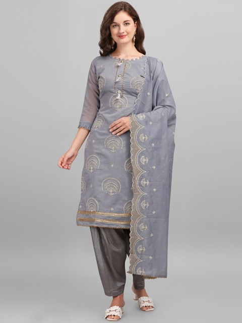 

mf Grey & Gold-Toned Embroidered Unstitched Dress Material With Embroidered dupatta