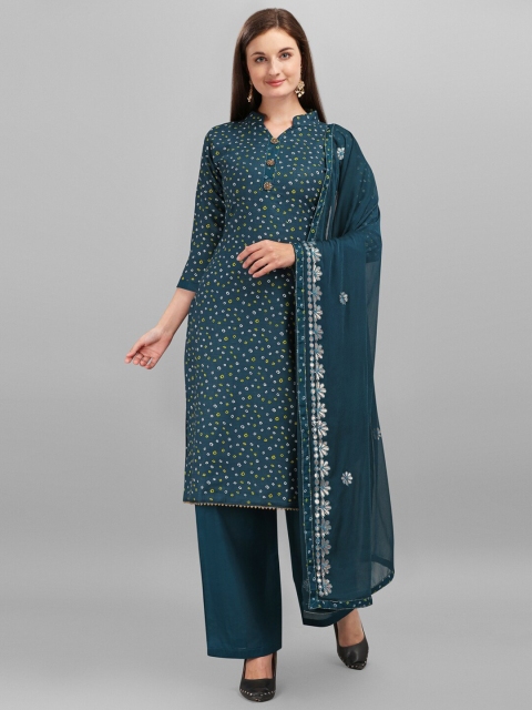 

mf Teal & Yellow Bandhani Printed Unstitched Dress Material With Gota Patti Dupatta