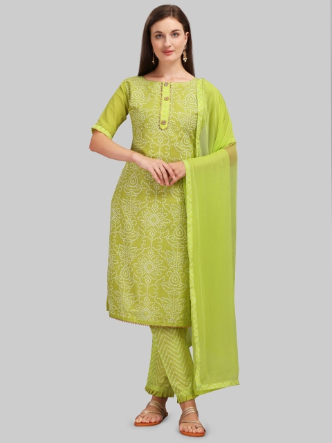 

mf Lime Green & White Bandhani Printed Pure Cotton Unstitched Dress Material With Dupatta
