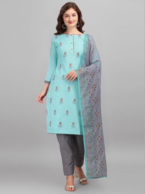

mf Turquoise Blue & Red Embroidered Pure Cotton Unstitched Dress Material With Dupatta