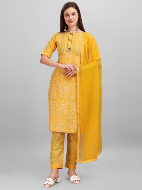 

mf Yellow & White Bandhani Printed Pure Cotton Unstitched Dress Material With Dupatta