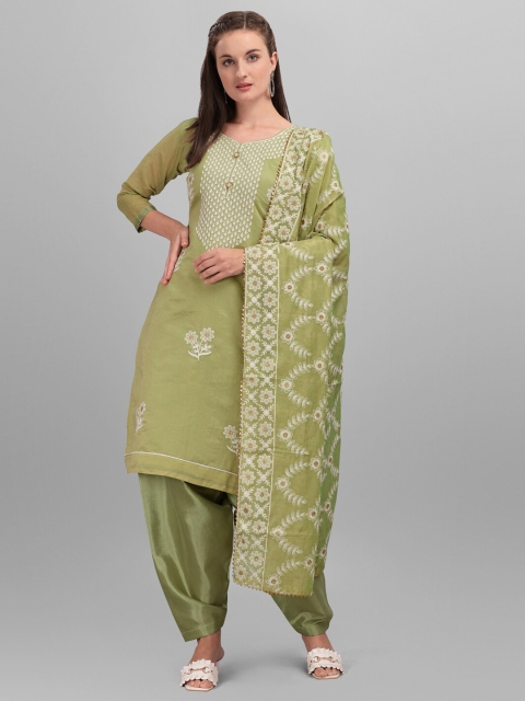 

mf Green & White Embroidered Unstitched Dress Material With Embroidered Dupatta
