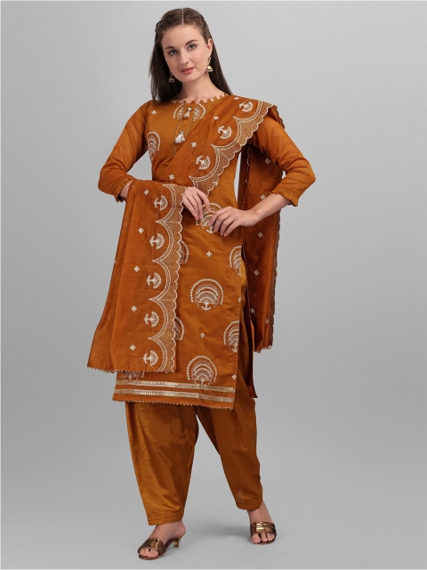 

mf Brown & Copper-Toned Embroidered Unstitched Dress Material With Embroidered Dupatta