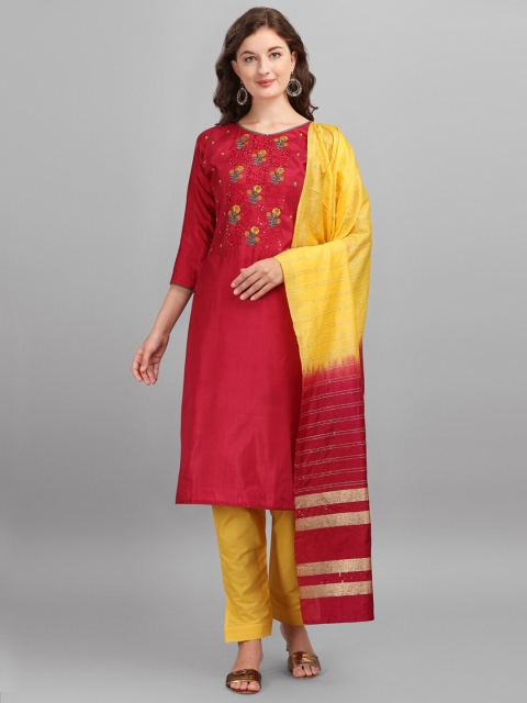 

mf Pink & Yellow Embroidered Unstitched Dress Material With Embellished Dupatta