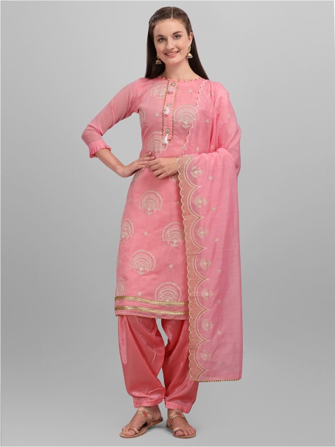 

mf Pink & White Embroidered Unstitched Dress Material With Embroidered Dupatta
