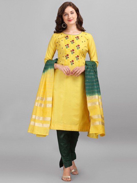 

mf Yellow & Green Embroidered Unstitched Dress Material With Embellished Dupatta