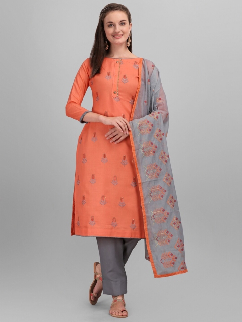 

mf Orange & Grey Embroidered Pure Cotton Unstitched Dress Material With Dupatta