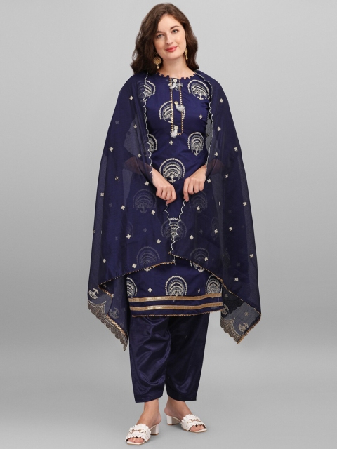 

mf Blue & White Embroidered Unstitched Dress Material With Embroidered Dupatta