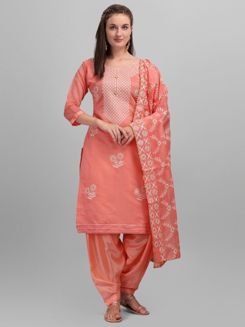 

mf Peach-Coloured & White Embroidered Unstitched Dress Material With Embroidered Dupatta