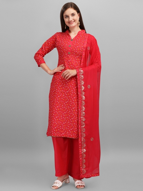 

mf Red & White Bandahni Printed Unstitched Dress Material With Embellished Dupatta