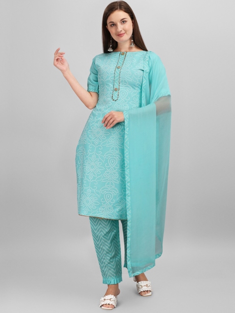 

mf Turquoise Blue & White Bandhani Pure Cotton Unstitched Dress Material With Dupatta