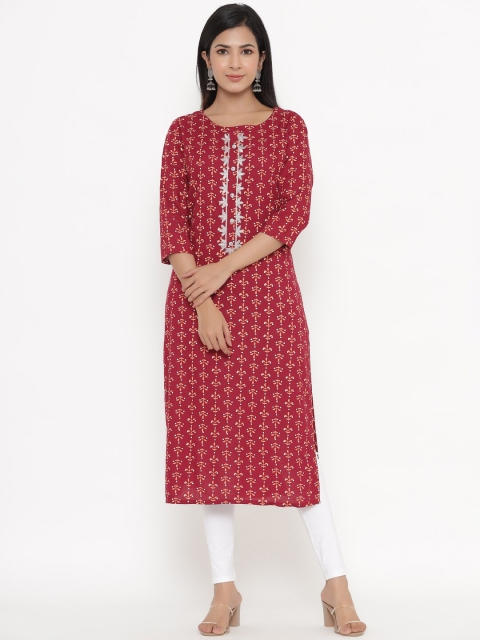 

UNISETS Women Women Maroon & Peach Printed Round Neck Straight Kurti