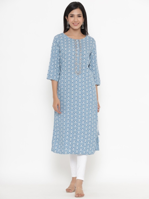

UNISETS Women Blue & White Floral Motifs Printed Round Neck Straight Kurti