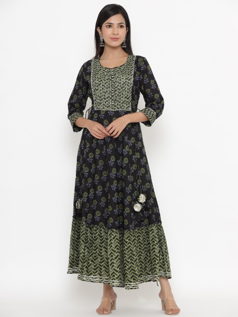 

UNISETS Women Green & Black Floral Motifs Printed Gotta Patti Anarkali Kurti