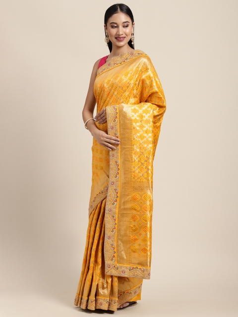 

Neerus Mustard Yellow Ethnic Motifs Embroidered Pure Silk Saree