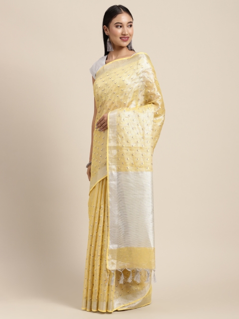 

Neerus Yellow & Off White Ethnic Motifs Zari Tissue Saree