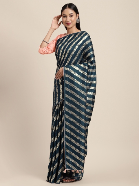 

Neerus Blue & Silver-Toned Floral Zari Pure Silk Saree