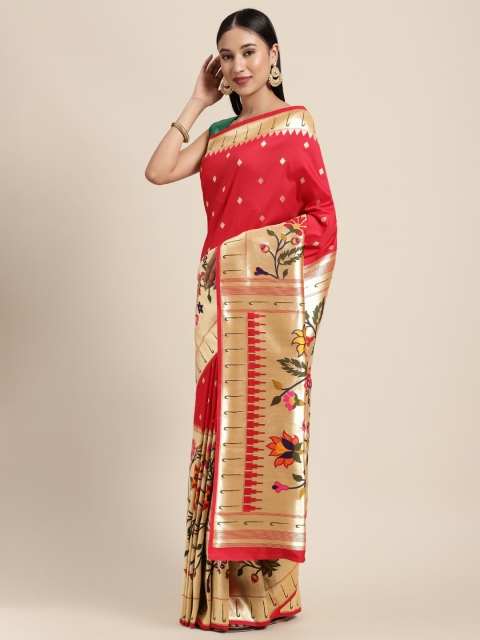 

Neerus Red & Gold-Toned Floral Zari Pure Silk Saree