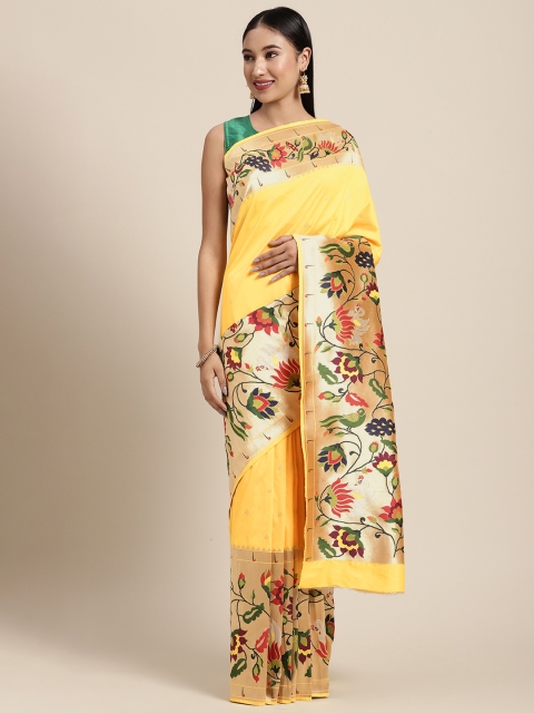 

Neerus Yellow & Gold-Toned Floral Zari Pure Silk Saree