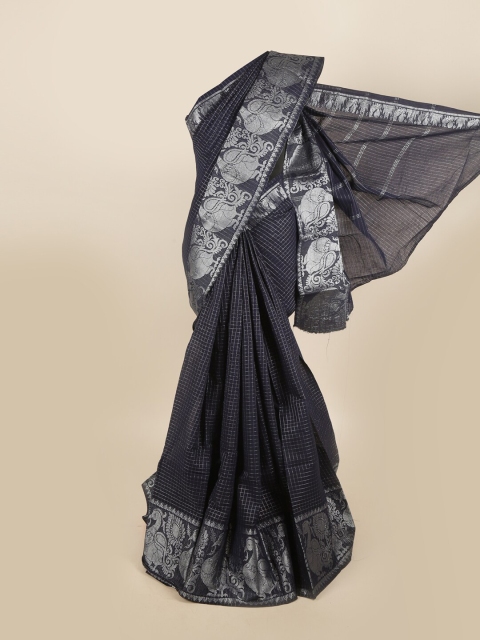 

Pothys Blue & Grey Melange Checked Pure Cotton Saree