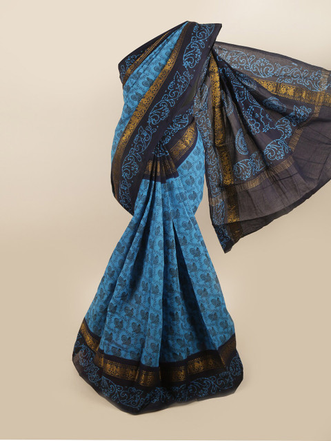 

Pothys Blue & Gold-Toned Ethnic Motifs Zari Pure Cotton Saree