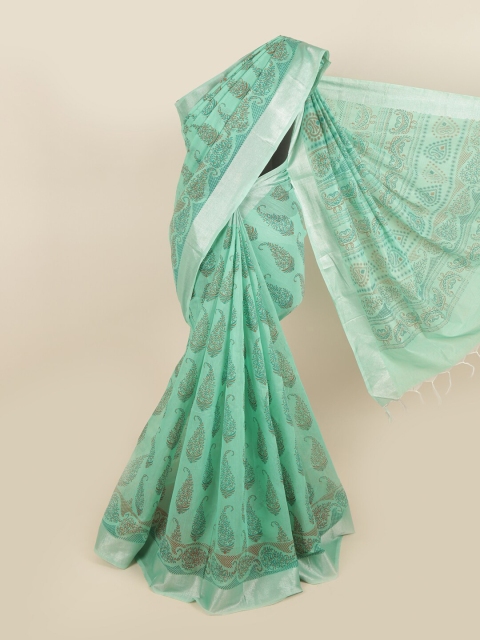 

Pothys Sea Green & Brown Ethnic Motifs Zari Pure Cotton Saree