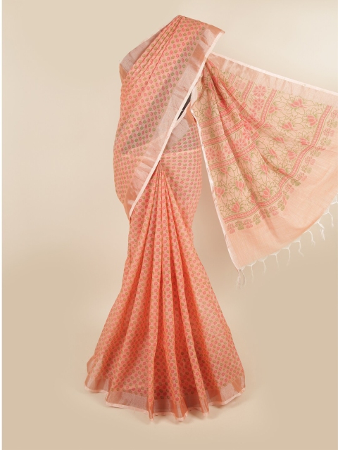 

Pothys Peach-Coloured & Green Floral Linen Blend Saree