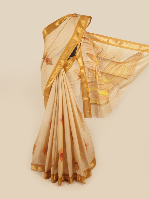 

Pothys Cream-Coloured & Gold-Toned Floral Pure Cotton Saree