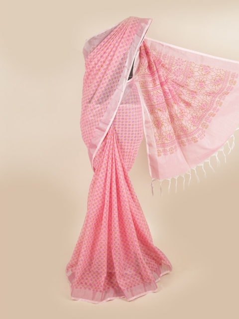 

Pothys Pink & Silver-Toned Ethnic Motifs Zari Linen Blend Saree