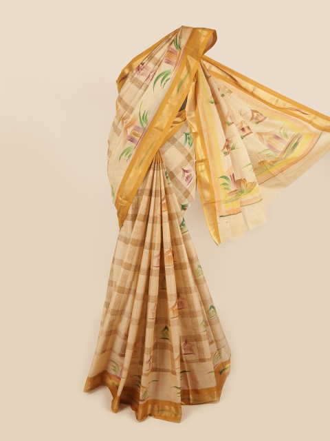 

Pothys Cream-Coloured & Green Floral Zari Pure Cotton Saree