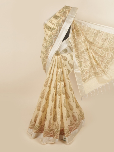

Pothys Cream-Coloured & Green Paisley Pure Cotton Saree