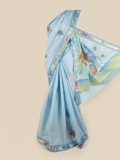 

Pothys Blue & Orange Floral Zari Pure Cotton Saree