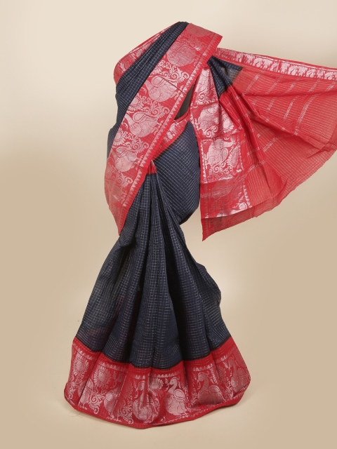 

Pothys Navy Blue & Pink Checked Zari Pure Cotton Saree