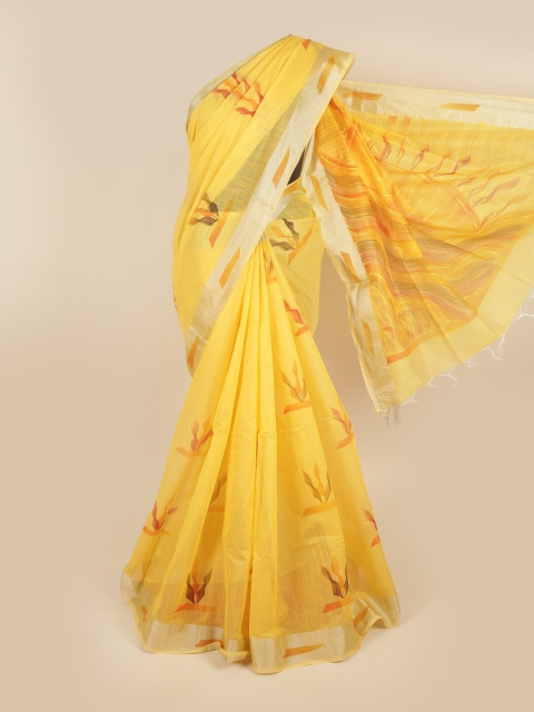 

Pothys Yellow & Gold-Toned Floral Zari Pure Cotton Saree