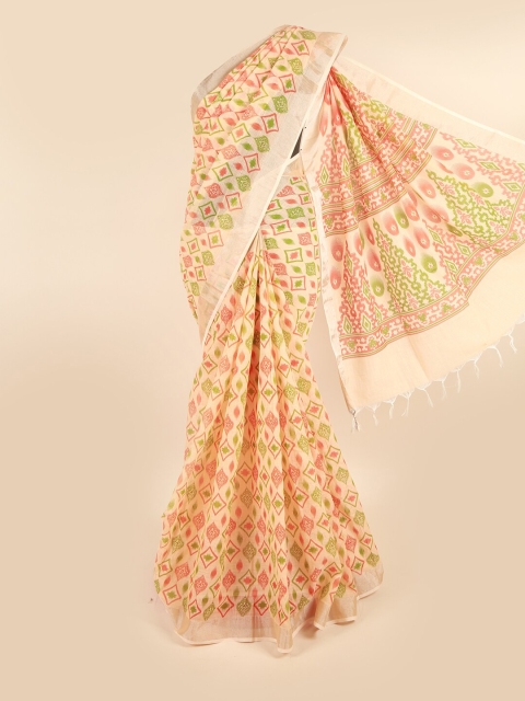 

Pothys Peach-Coloured & Green Woven Design Linen Blend Saree