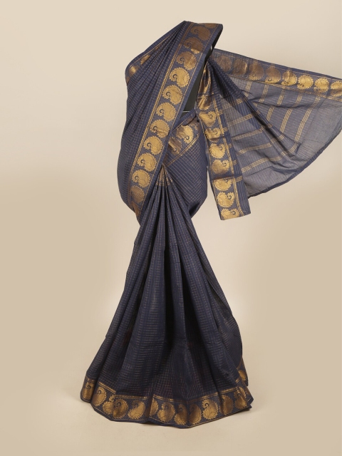 

Pothys Navy Blue & Gold-Toned Checked Zari Pure Cotton Saree