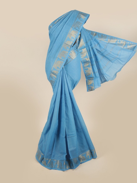 

Pothys Blue & Gold-Toned Checked Pure Cotton Saree