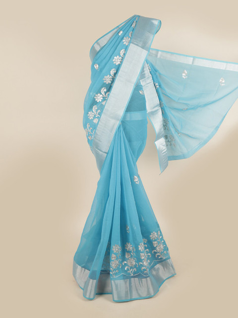 

Pothys Turquoise Blue & Silver-Toned Floral Zari Saree