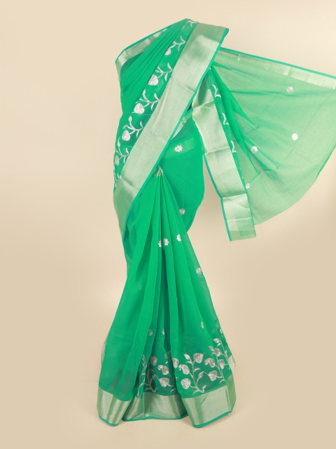 

Pothys Green & Silver-Toned Floral Zari Saree