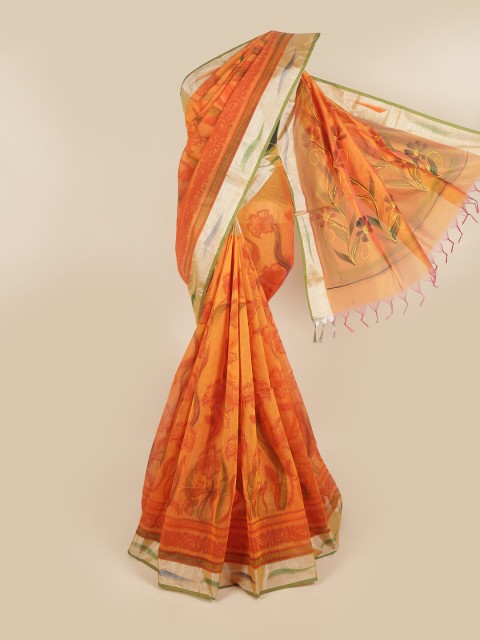

Pothys Orange & Silver-Toned Floral Pure Cotton Saree