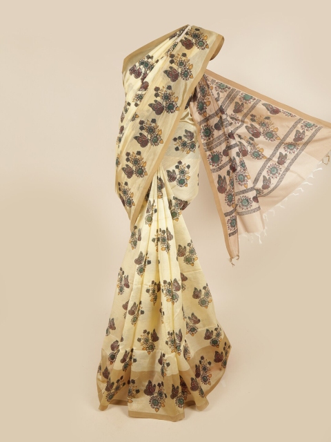 

Pothys Cream-Coloured & Green Floral Pure Cotton Saree