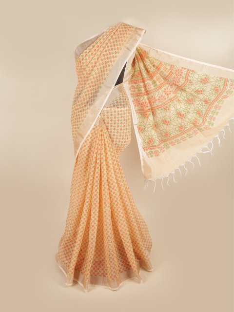 

Pothys Orange & Cream-Coloured Floral Printed Linen Blend Saree