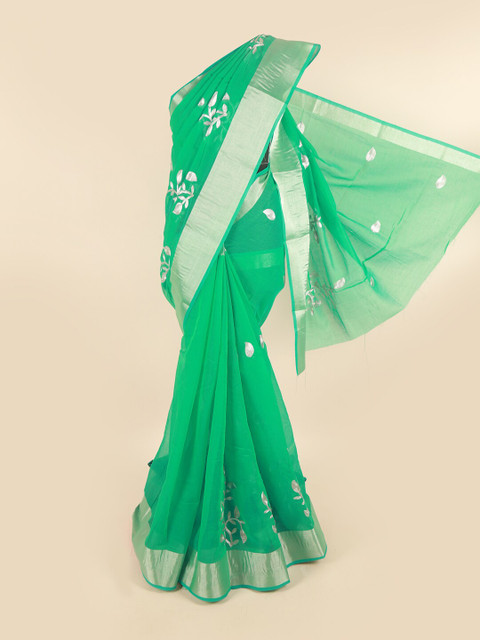 

Pothys Green & Silver-Toned Floral Printed Zari Saree