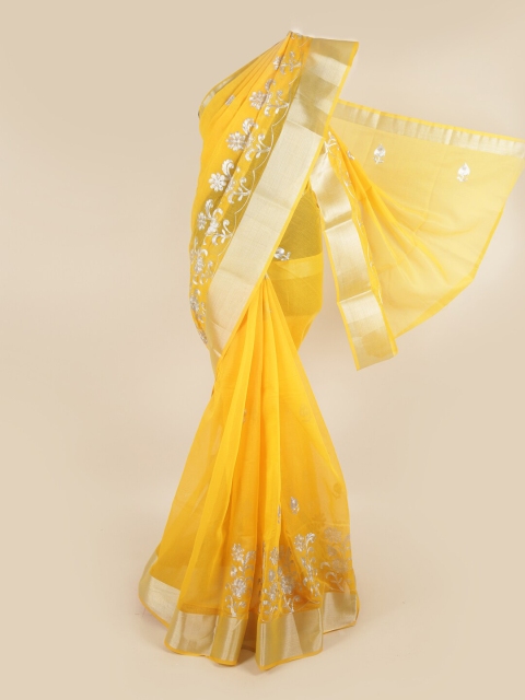 

Pothys Yellow & Gold-Toned Floral Embroidered Zari Saree